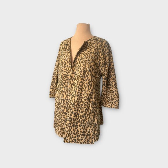 Leopard Coat Jacket Small Midi Twill 3/4 Sleeves Simple Collar 2000s EUC Fall - Picture 10 of 13
